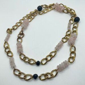 𝅺real Rose Quartz Donut & Round Lava Rock Beads Gold Tone Endless Chain 36”